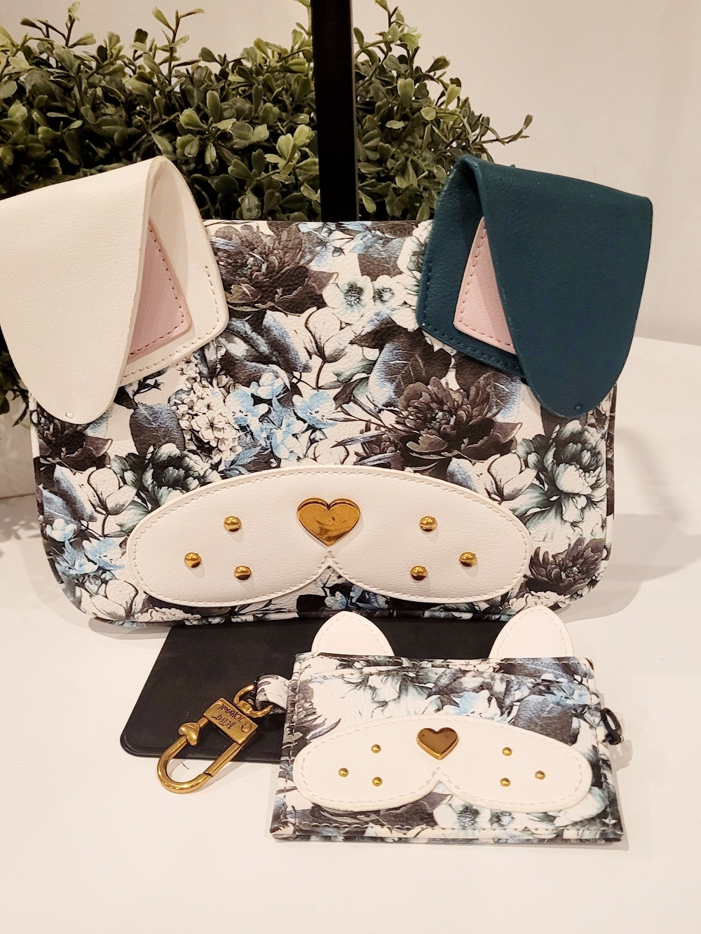 Betsey Johnson Floral Dog Crossbody Bag & Wallet in White, Teal & Black